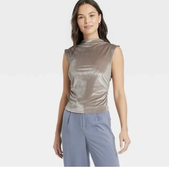 A NEW DAY TANK TOP RUCHED VELOUR NEUTRAL  HIGH MOCK NECK DRESSY SIZE XL NWT - Picture 2 of 8